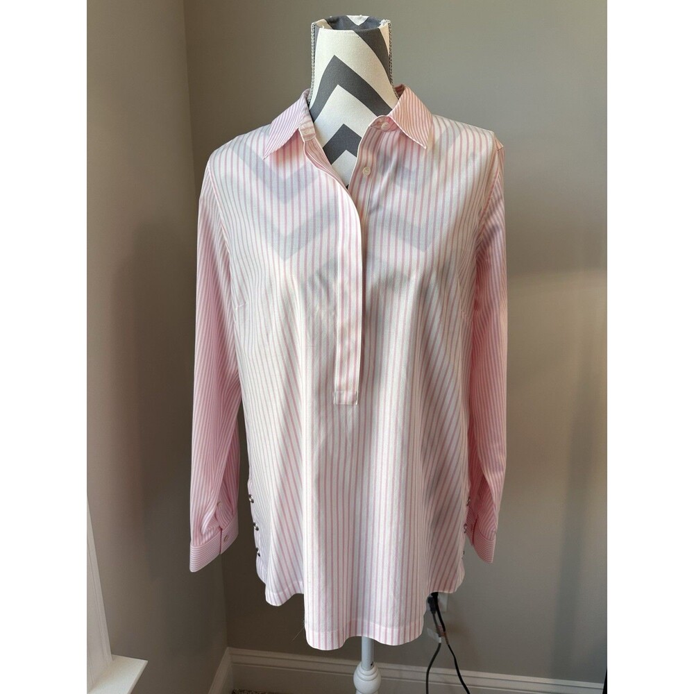 NWT Talbots Non Iron Pink Striped Tunic Shirt Side Button Detail Size 12